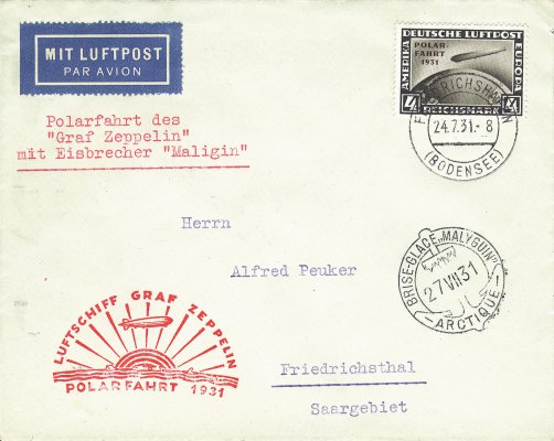 Polarfahrt 1931 Briefmarke auf Briefstück
